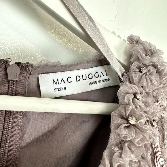 MAC DUGGAL Ruffle Neck Long Sleeve Sequin Midi Dress in Mauve Size US 6 - Picture 6 of 12